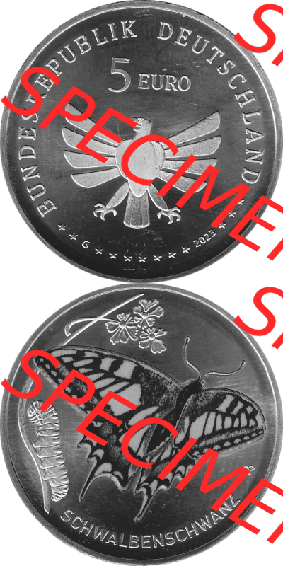 Deutschland 2023-2023, 5 Euro G Schwalbenschwanz Schmetterling Graustufen. Digitales PNG-Bild aus Bild von Farbe in Graustufen umgewandelt mit Vorderseite und Rückseite der 5 Euro Gedenkmünze... Sammlung