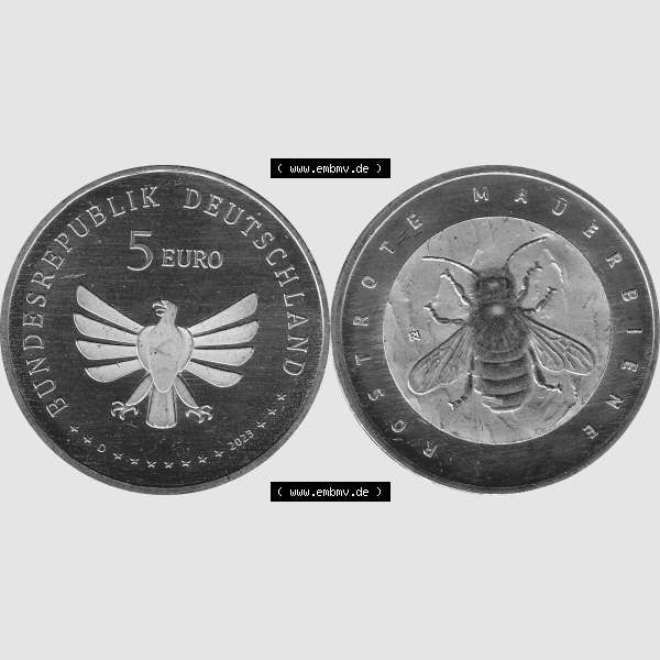 Grau bzw. s/w Deutschland 2023-2023, 5 Euro D Rostrote Mauerbiene, Biene Graustufen. Digitales PNG-Bild in Grau / Graustufen aus Bild in Farbe der 5 Euro Gedenkmünze mit Insekten 2023.... Sammlung Graustufen