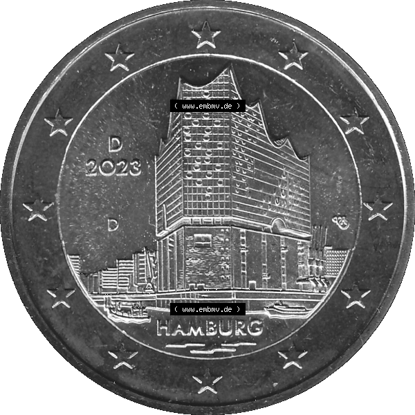 Grau bzw. s/w BRD-Deutschland 2 Euro Gedenkmünze 2023-2023, D Münzstätte München, Bundesland Hamburg Graustufen. Digitales Graustufen PNG-Bild der 2 Euro Gedenkmünze 2023.... Sammlung Graustufen