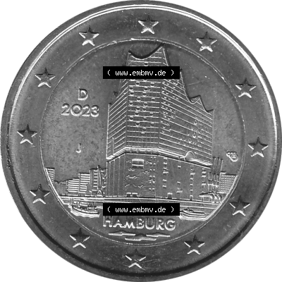 BRD-Deutschland 2 Euro Gedenkmünze 2023-2023, J Münzstätte Hamburg, Bundesland Hamburg Graustufen. Digitales Graustufen PNG-Bild der 2 Euro Gedenkmünze 2023.... Sammlung