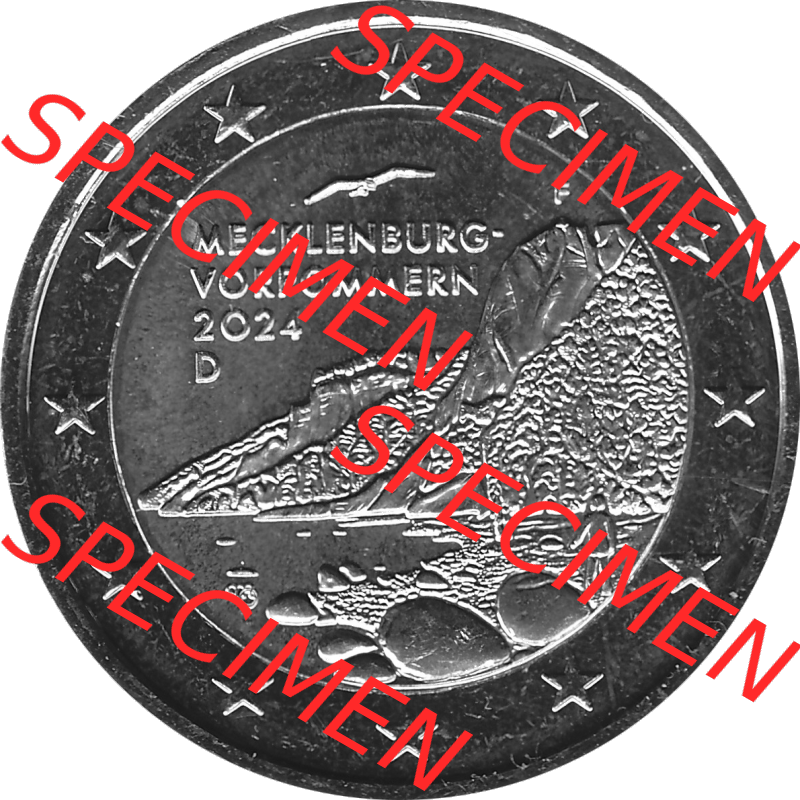 BRD-Deutschland 2 Euro Gedenkmünze 2024-2024, 2 Euro F Münzstätte Stuttgart, Mecklenburg-Vorpommern - Königsstuhl Graustufen. Digitales Graustufen PNG-Bild der 2... Sammlung