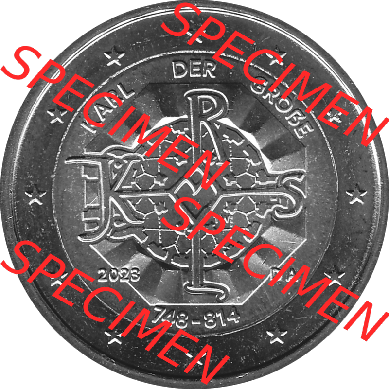BRD-Deutschland 2 Euro Gedenkmünze 2023-2023, A Münzstätte Berlin, Karl der Große 748-814 Graustufen. Digitales Graustufen PNG-Bild der 2 Euro Gedenkmünze 2023.... Sammlung
