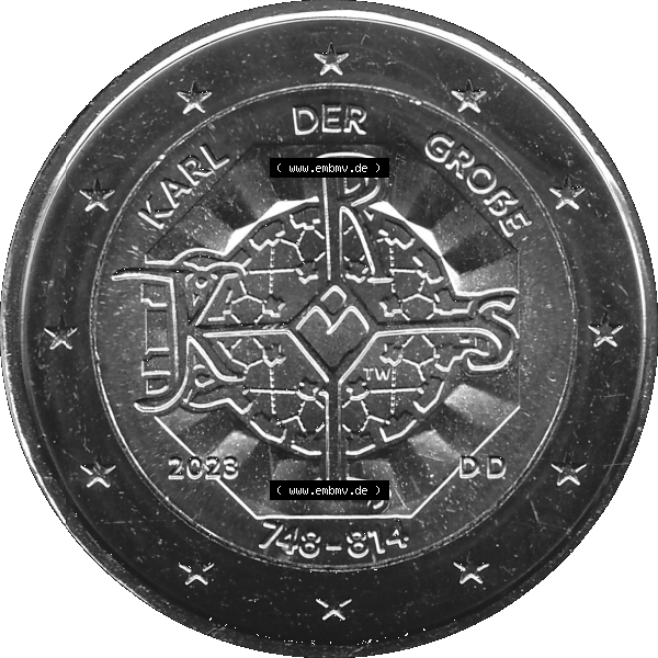 Grau bzw. s/w BRD-Deutschland 2 Euro Gedenkmünze 2023-2023, D Münzstätte München, Karl der Große 748-814. Digitales PNG-Bild der 2 Euro Gedenkmünze 2023. Das... Sammlung Graustufen