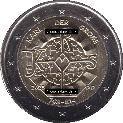 BRD-Deutschland 2 Euro Gedenkmünze 2023-2023, D Münzstätte München, Karl der Große 748-814. Digitales PNG-Bild der 2 Euro Gedenkmünze 2023. Das... Sammlung