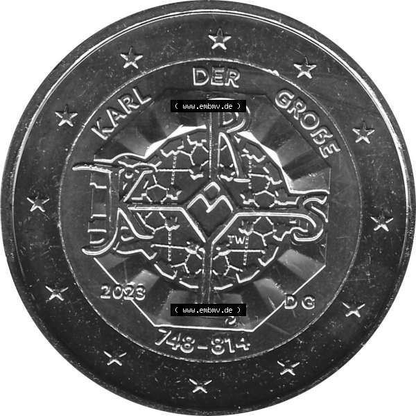 Grau bzw. s/w BRD-Deutschland 2 Euro Gedenkmünze 2023-2023, G Münzstätte Karlsruhe, Karl der Große 748-814. Digitales JPG-Bild in Farbe der 2 Euro Gedenkmünze 2023.... Sammlung Graustufen