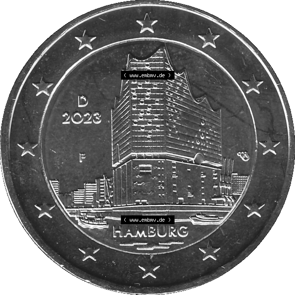 Grau bzw. s/w BRD-Deutschland 2 Euro Gedenkmünze 2023-2023, F Münzstätte Stuttgart, Bundesland Hamburg. Digitales PNG-Bild der 2 Euro Gedenkmünze 2023. Das PNG-Bild ist... Sammlung Graustufen