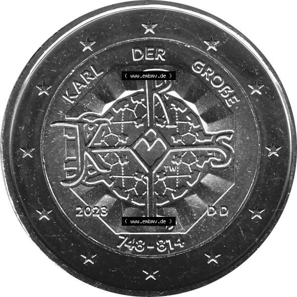 Grau bzw. s/w BRD-Deutschland 2 Euro Gedenkmünze 2023-2023, D Münzstätte München, Karl der Große 748-814. Digitales JPG-Bild in Farbe der 2 Euro Gedenkmünze 2023.... Sammlung Graustufen