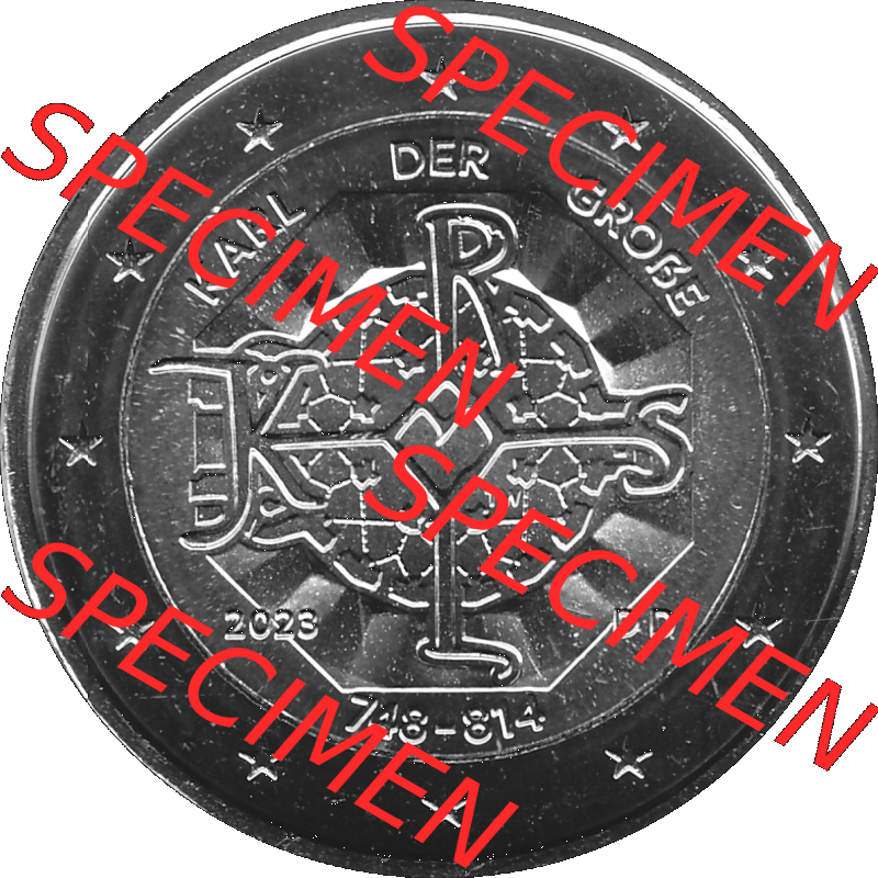 BRD-Deutschland 2 Euro Gedenkmünze 2023-2023, D Münzstätte München, Karl der Große 748-814 Graustufen. Digitales Graustufen PNG-Bild der 2 Euro Gedenkmünze... Sammlung