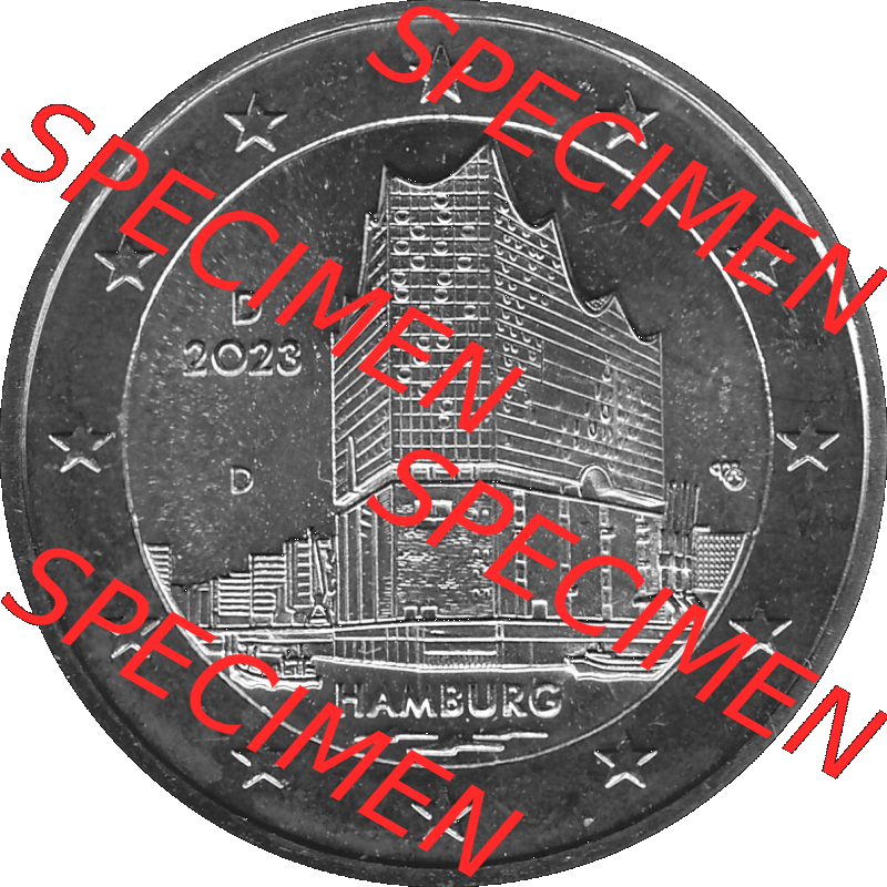 BRD-Deutschland 2 Euro Gedenkmünze 2023-2023, D Münzstätte München, Bundesland Hamburg Graustufen. Digitales Graustufen PNG-Bild der 2 Euro Gedenkmünze 2023.... Sammlung