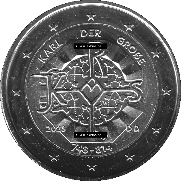 Grau bzw. s/w BRD-Deutschland 2 Euro Gedenkmünze 2023-2023, D Münzstätte München, Karl der Große 748-814 Graustufen. Digitales Graustufen PNG-Bild der 2 Euro Gedenkmünze... Sammlung Graustufen