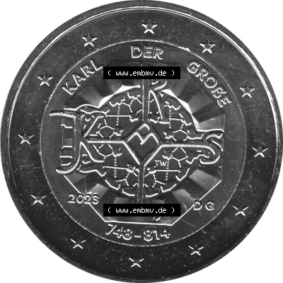 BRD-Deutschland 2 Euro Gedenkmünze 2023-2023, G Münzstätte Karlsruhe, Karl der Große 748-814 Graustufen. Digitales Graustufen PNG-Bild der 2 Euro Gedenkmünze... Sammlung
