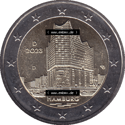 BRD-Deutschland 2 Euro Gedenkmünze 2023-2023, D Münzstätte München, Bundesland Hamburg. Digitales PNG-Bild der 2 Euro Gedenkmünze 2023. Das PNG-Bild ist... Sammlung