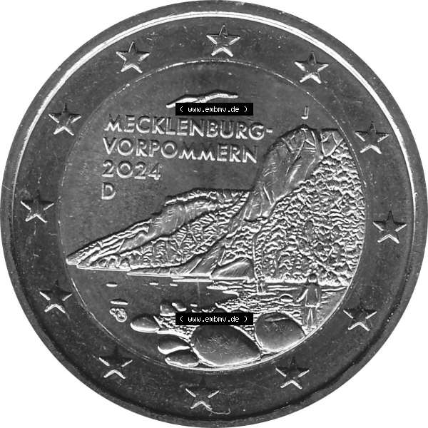 Grau bzw. s/w BRD-Deutschland 2 Euro Gedenkmünze 2024-2024, 2 Euro J Münzstätte Hamburg, Mecklenburg-Vorpommern - Königsstuhl. Digitales JPG-Bild in Farbe der 2 Euro Gedenkmünze... Sammlung Graustufen