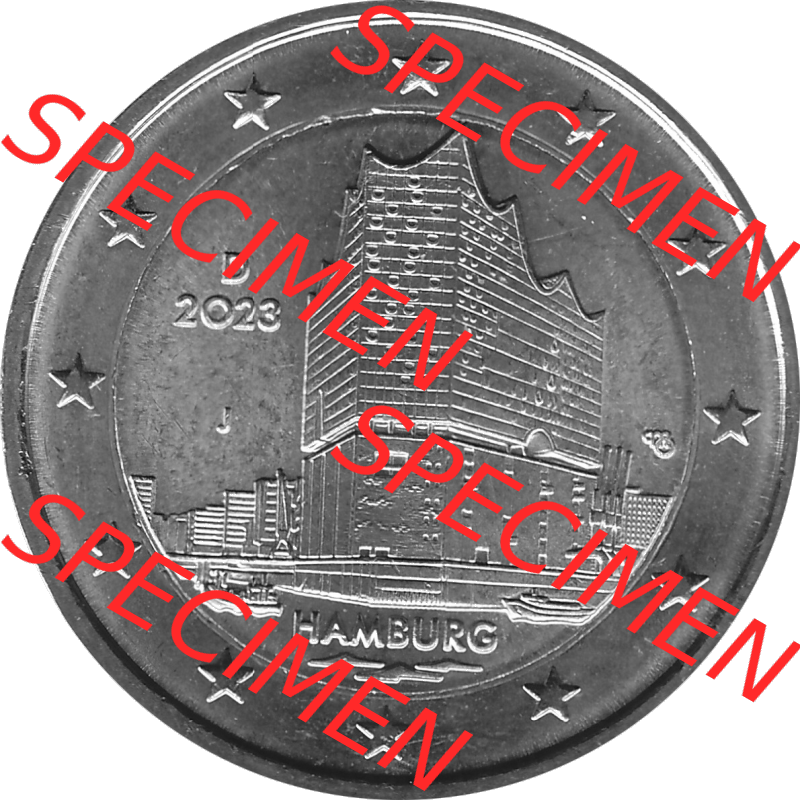 BRD-Deutschland 2 Euro Gedenkmünze 2023-2023, J Münzstätte Hamburg, Bundesland Hamburg Graustufen. Digitales Graustufen PNG-Bild der 2 Euro Gedenkmünze 2023.... Sammlung