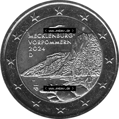 BRD-Deutschland 2 Euro Gedenkmünze 2024-2024, 2 Euro F Münzstätte Stuttgart, Mecklenburg-Vorpommern - Königsstuhl Graustufen. Digitales Graustufen PNG-Bild der 2... Sammlung