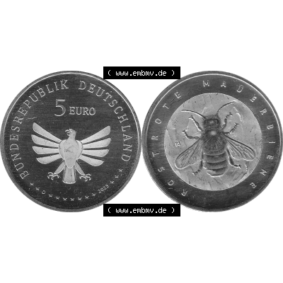 Deutschland 2023-2023, 5 Euro D Rostrote Mauerbiene, Biene Graustufen. Digitales PNG-Bild in Grau / Graustufen aus Bild in Farbe der 5 Euro Gedenkmünze mit Insekten 2023.... Sammlung