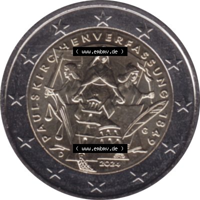 BRD-Deutschland 2 Euro Gedenkmünze 2024-2024, 2 Euro G Münzstätte Karlsruhe, 175. Jubiläum Paulskirchenverfassung. Digitales PNG-Bild der 2 Euro Gedenkmünze... Sammlung