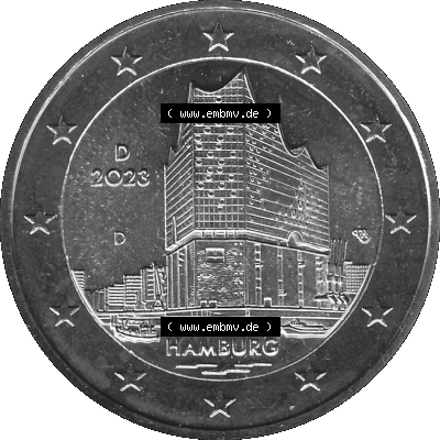 BRD-Deutschland 2 Euro Gedenkmünze 2023-2023, D Münzstätte München, Bundesland Hamburg Graustufen. Digitales Graustufen PNG-Bild der 2 Euro Gedenkmünze 2023.... Sammlung