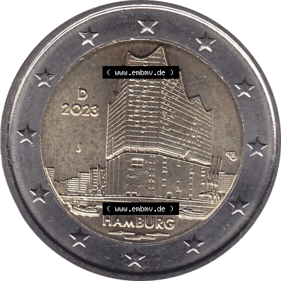 BRD-Deutschland 2 Euro Gedenkmünze 2023-2023, J Münzstätte Hamburg, Bundesland Hamburg. Digitales PNG-Bild der 2 Euro Gedenkmünze 2023. Das PNG-Bild ist transparent... Sammlung