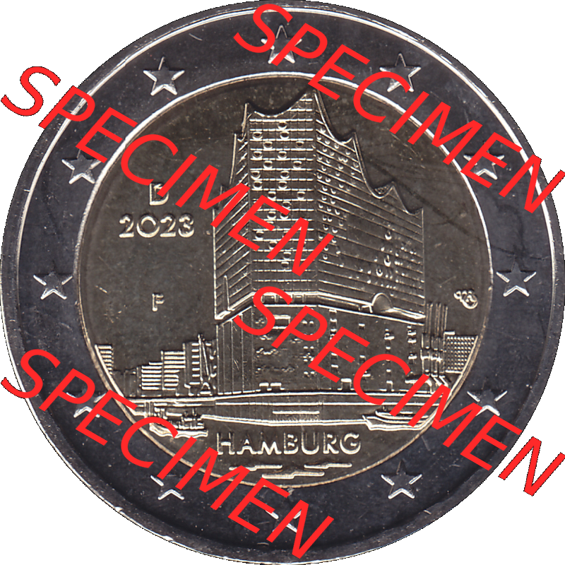 BRD-Deutschland 2 Euro Gedenkmünze 2023-2023, F Münzstätte Stuttgart, Bundesland Hamburg. Digitales PNG-Bild der 2 Euro Gedenkmünze 2023. Das PNG-Bild ist... Sammlung