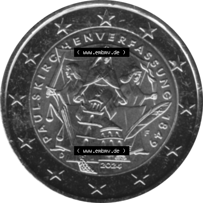 BRD-Deutschland 2 Euro Gedenkmünze 2024-2024, 2 Euro F Münzstätte Stuttgart, 175. Jubiläum Paulskirchenverfassung Graustufen. Digitales Graustufen PNG-Bild... Sammlung
