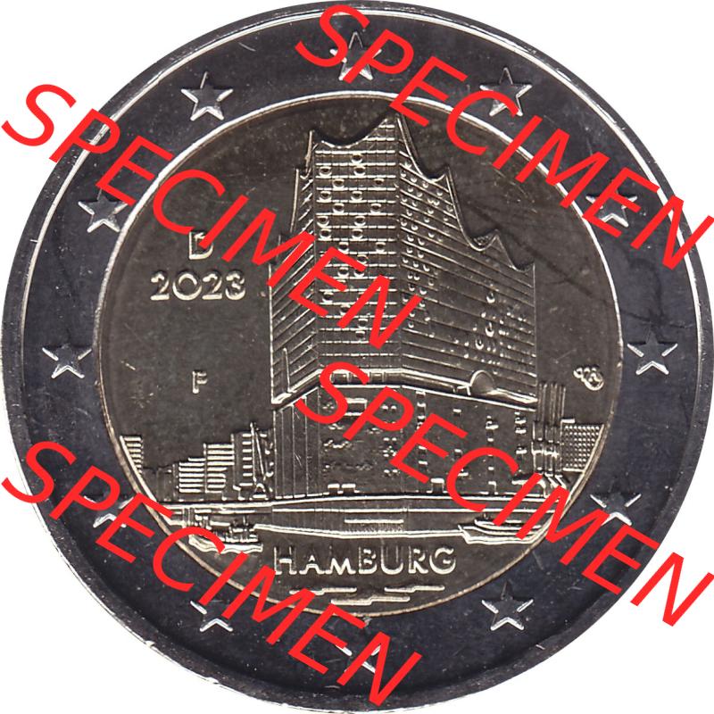 BRD-Deutschland 2 Euro Gedenkmünze 2023-2023, F Münzstätte Stuttgart, Bundesland Hamburg. Digitales JPG-Bild in Farbe der 2 Euro Gedenkmünze 2023. Das JPG-Bild... Sammlung