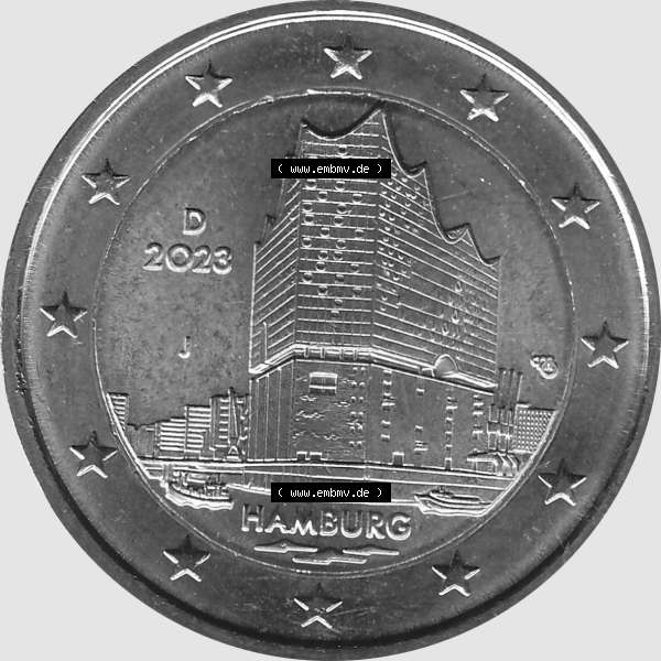Grau bzw. s/w BRD-Deutschland 2 Euro Gedenkmünze 2023-2023, J Münzstätte Hamburg, Bundesland Hamburg. Digitales PNG-Bild der 2 Euro Gedenkmünze 2023. Das PNG-Bild ist transparent... Sammlung Graustufen