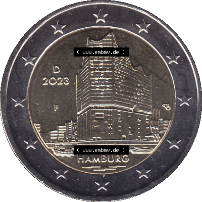 BRD-Deutschland 2 Euro Gedenkmünze 2023-2023, F Münzstätte Stuttgart, Bundesland Hamburg. Digitales PNG-Bild der 2 Euro Gedenkmünze 2023. Das PNG-Bild ist... Sammlung