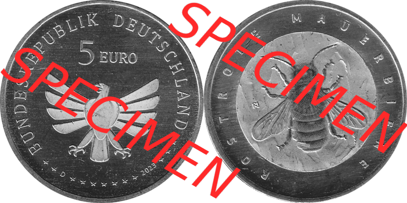 Deutschland 2023-2023, 5 Euro D Rostrote Mauerbiene, Biene Graustufen. Digitales PNG-Bild in Grau / Graustufen aus Bild in Farbe der 5 Euro Gedenkmünze mit Insekten 2023.... Sammlung