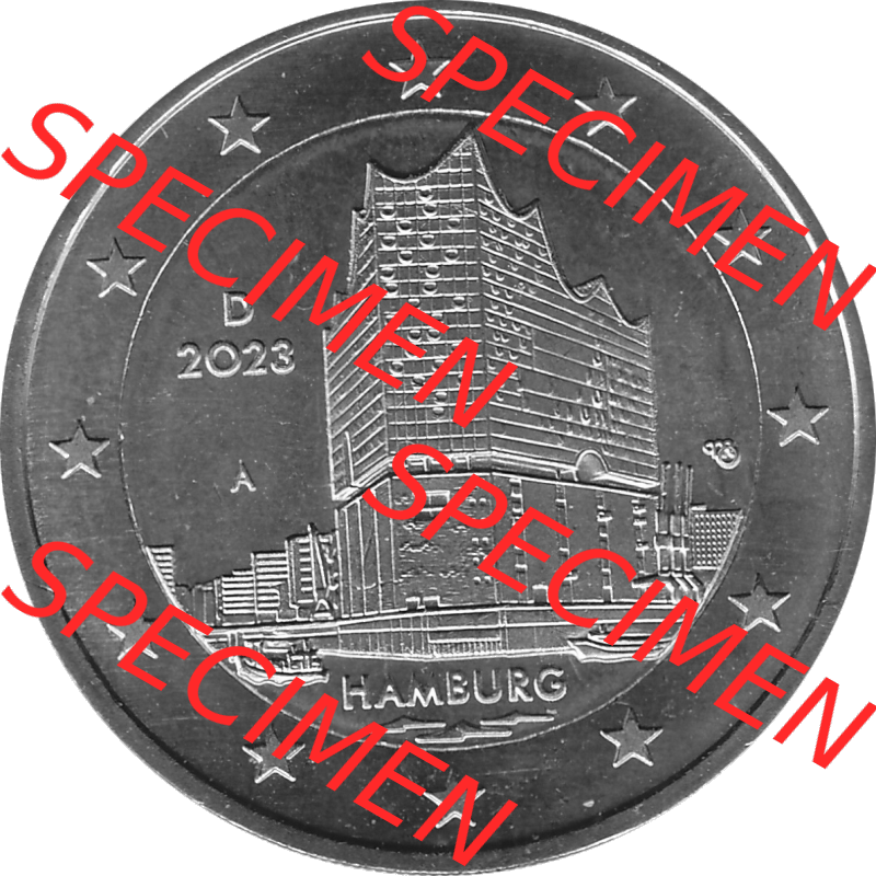 BRD-Deutschland 2 Euro Gedenkmünze 2023-2023, A Münzstätte Berlin, Bundesland Hamburg Graustufen. Digitales Graustufen PNG-Bild der 2 Euro Gedenkmünze 2023.... Sammlung