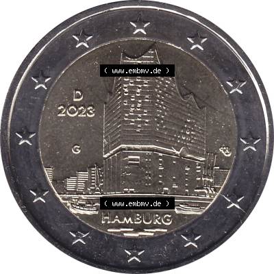 BRD-Deutschland 2 Euro Gedenkmünze 2023-2023, G Münzstätte Karlsruhe, Bundesland Hamburg. Digitales JPG-Bild in Farbe der 2 Euro Gedenkmünze 2023. Das JPG-Bild... Sammlung