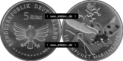 Deutschland 2023-2023, 5 Euro A Siebenpunkt Marienkäfer Graustufen Sammlung