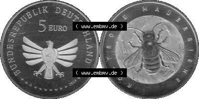 Deutschland 2023-2023, 5 Euro D Rostrote Mauerbiene, Biene Graustufen Sammlung