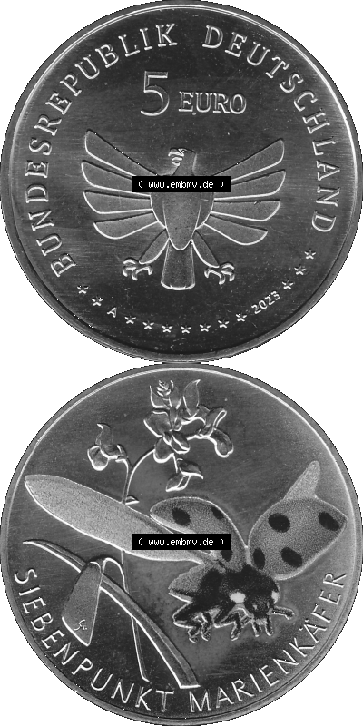 Deutschland 2023-2023, 5 Euro A Siebenpunkt Marienkäfer Graustufen Sammlung