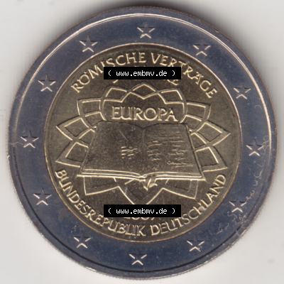 Deutschland der BRD 2007, 2 Euro Gedenkmünze 2007 50 Jahre Römische Verträge Münzzeichen A in 800DPI. Das Bild/Foto der Euromünze dient als Bildmaterial zum herunterladen... Sammlung