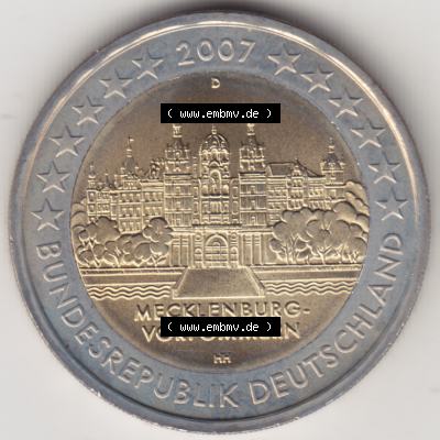 Deutschland der BRD 2007, 2 Euro Gedenkmünze 2007 Mecklenburg Vorpommern Münzzeichen D in 800DPI. Das Bild/Foto der Euromünze dient als Bildmaterial zum herunterladen aus... Sammlung