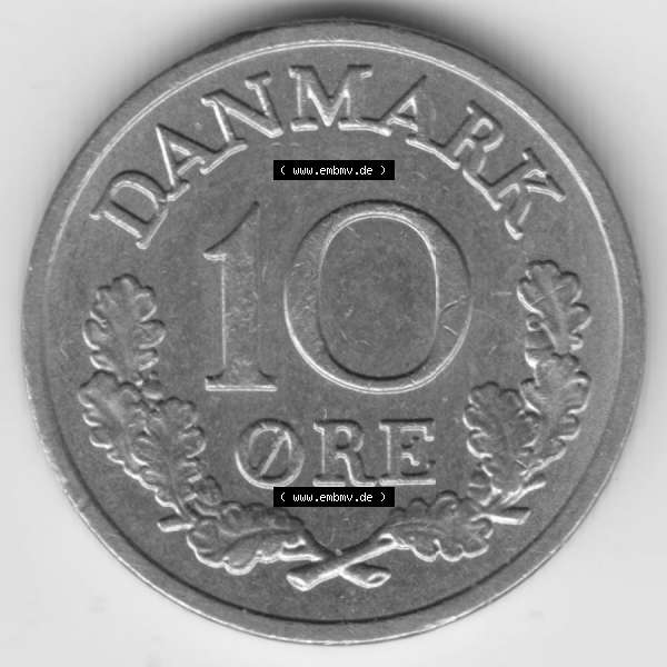 Grau bzw. s/w Umlaufmünzen Dänemark: 1972, 10 Öre. Vorderseite der alten dänischen Umlaufmünze aus Dänemark zum katalogisieren und verwalten im Münzen-Katalog Dänemark... Sammlung Graustufen