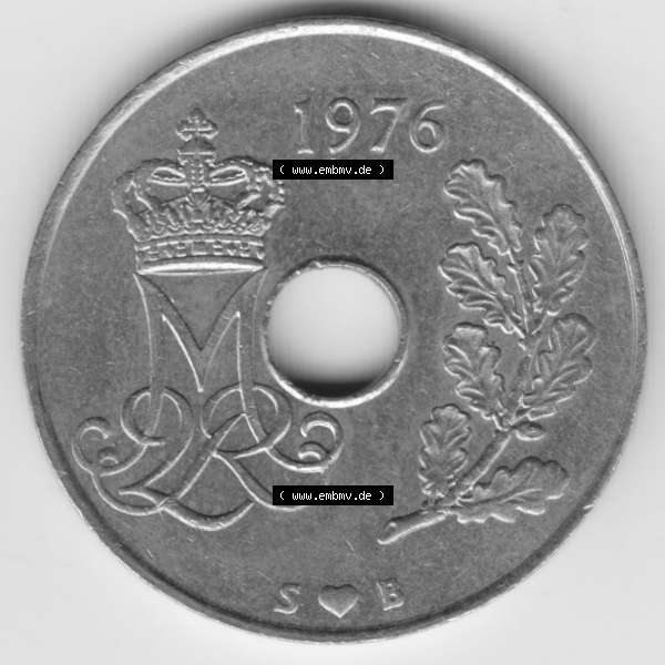 Grau bzw. s/w Umlaufmünzen Dänemark: 1976, 25 Öre. Rückseite der alten dänischen Umlaufmünze aus Dänemark zum katalogisieren und verwalten im Münzen-Katalog... Sammlung Graustufen