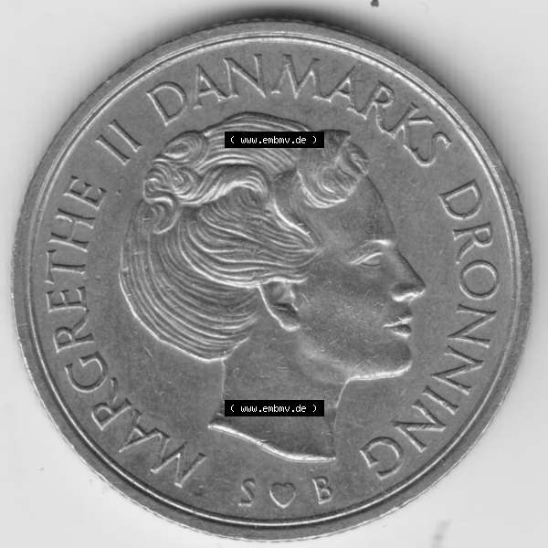 Grau bzw. s/w Umlaufmünzen Dänemark: 1976, 1 Krone. Rückseite der alten dänischen Umlaufmünze aus Dänemark zum katalogisieren und verwalten im Münzen-Katalog Dänemark... Sammlung Graustufen