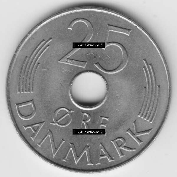 Grau bzw. s/w Umlaufmünzen Dänemark: 1979, 25 Öre. Vorderseite der alten dänischen Umlaufmünze aus Dänemark zum katalogisieren und verwalten im Münzen-Katalog Dänemark... Sammlung Graustufen
