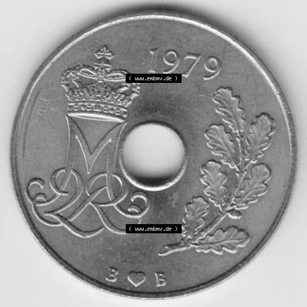 Grau bzw. s/w Umlaufmünzen Dänemark: 1979, 25 Öre. Rückseite der alten dänischen Umlaufmünze aus Dänemark zum katalogisieren und verwalten im Münzen-Katalog... Sammlung Graustufen