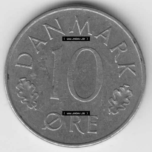 Grau bzw. s/w Umlaufmünzen Dänemark: 1973, 10 Öre. Vorderseite der alten dänischen Umlaufmünze aus Dänemark zum katalogisieren und verwalten im Münzen-Katalog Dänemark... Sammlung Graustufen