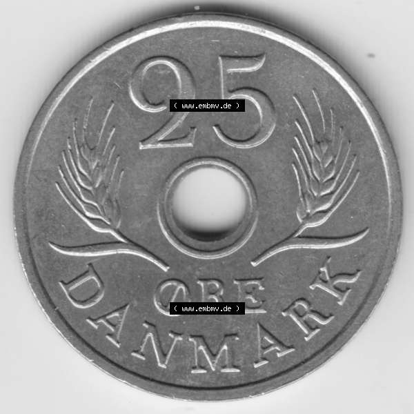 Grau bzw. s/w Umlaufmünzen Dänemark: 1972, 25 Öre. Vorderseite der alten dänischen Umlaufmünze aus Dänemark zum katalogisieren und verwalten im Münzen-Katalog Dänemark... Sammlung Graustufen
