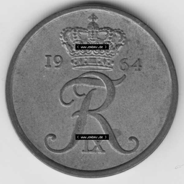 Grau bzw. s/w Umlaufmünzen Dänemark: 1964, 5 Öre. Rückseite der alten dänischen Umlaufmünze aus Dänemark zum katalogisieren und verwalten im Münzen-Katalog... Sammlung Graustufen