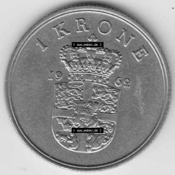 Grau bzw. s/w Umlaufmünzen Dänemark: 1962, 1 Krone. Vorderseite der alten dänischen Umlaufmünze aus Dänemark zum katalogisieren und verwalten im Münzen-Katalog Dänemark... Sammlung Graustufen