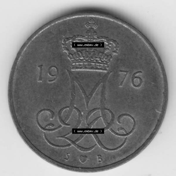 Grau bzw. s/w Umlaufmünzen Dänemark: 1976, 5 Öre. Rückseite der alten dänischen Umlaufmünze aus Dänemark zum katalogisieren und verwalten im Münzen-Katalog... Sammlung Graustufen