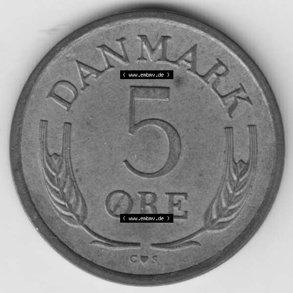 Grau bzw. s/w Umlaufmünzen Dänemark: 1964, 5 Öre. Vorderseite der alten dänischen Umlaufmünze aus Dänemark zum katalogisieren und verwalten im Münzen-Katalog Dänemark... Sammlung Graustufen