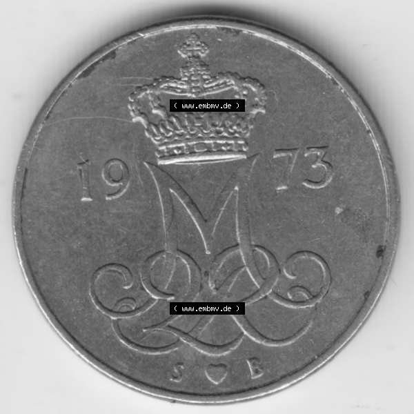 Grau bzw. s/w Umlaufmünzen Dänemark: 1973, 10 Öre. Rückseite der alten dänischen Umlaufmünze aus Dänemark zum katalogisieren und verwalten im Münzen-Katalog... Sammlung Graustufen