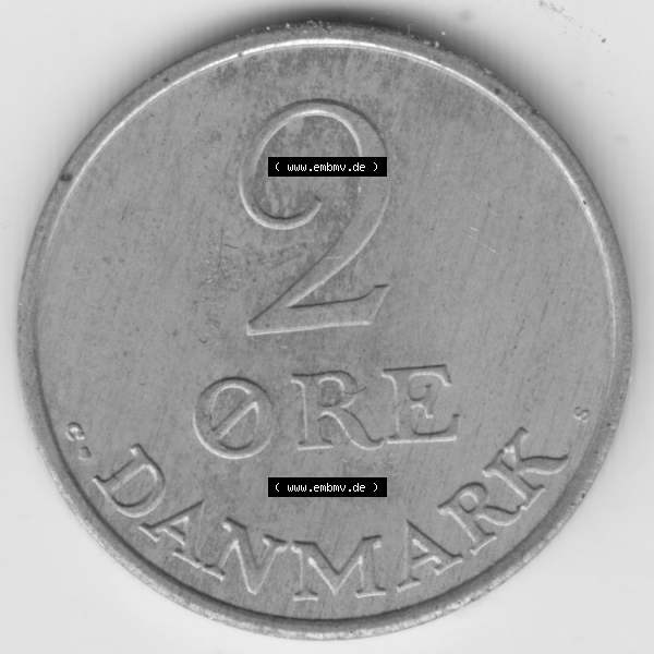 Grau bzw. s/w Umlaufmünzen Dänemark: 1970, 2 Öre. Vorderseite der alten dänischen Umlaufmünze aus Dänemark zum katalogisieren und verwalten im Münzen-Katalog Dänemark... Sammlung Graustufen