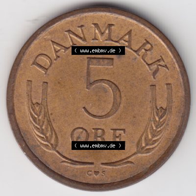 Umlaufmünzen Dänemark: 1964, 5 Öre. Vorderseite der alten dänischen Umlaufmünze aus Dänemark zum katalogisieren und verwalten im Münzen-Katalog Dänemark... Sammlung